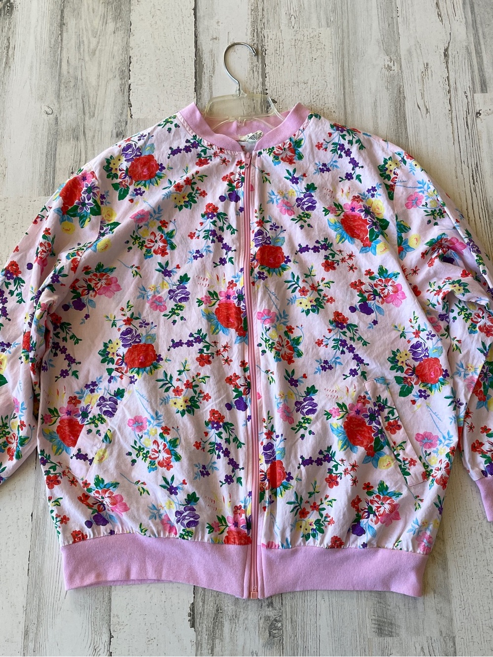 Vintage Floral Pink Zip-Front Thin Cotton Bomber Jacket SZ L - Picture 5 of 9